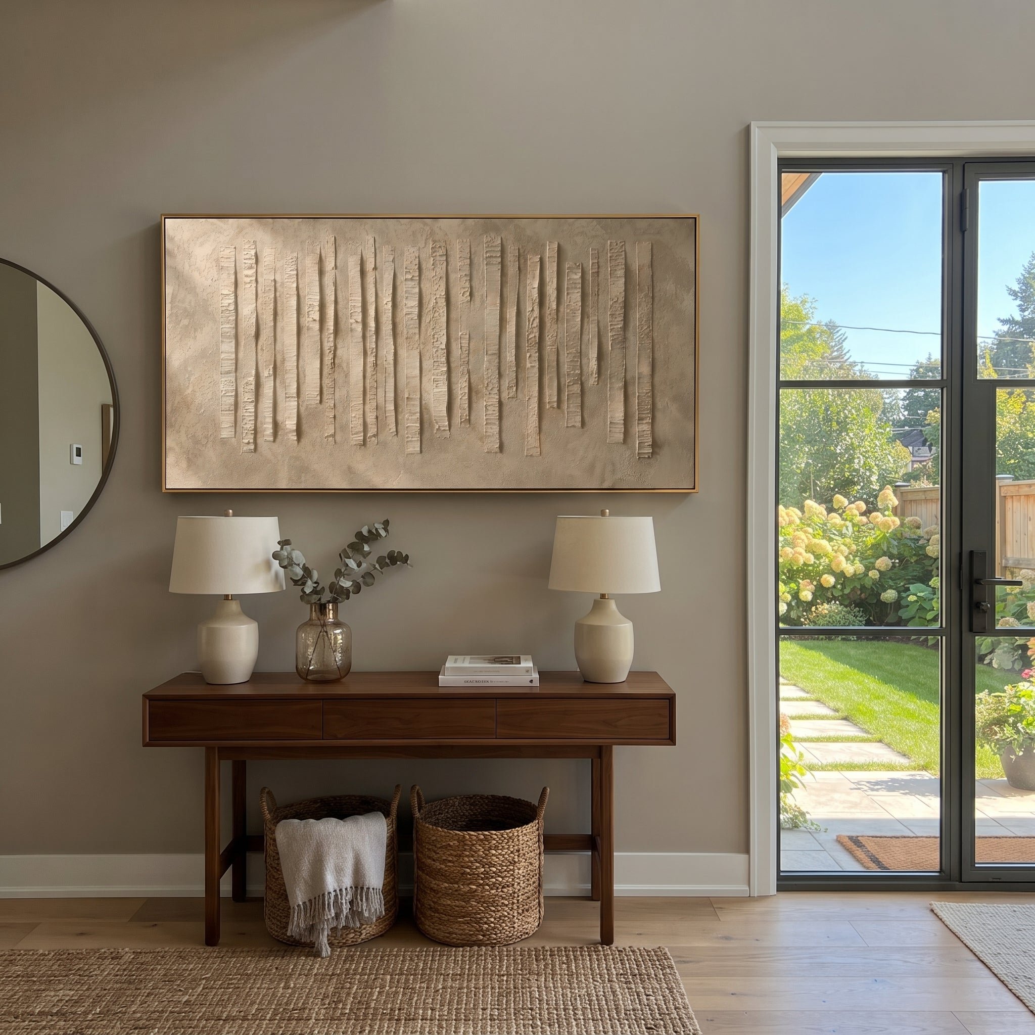 Beige Raised Bar Grid Relief focuses on this hand-painted textured canvas features a wide neutral field with raised vertical bar forms, carved plaster texture, and quiet architectural rhythm. The title and description are matched to the actual main image, so the visible subject, color balance, spacing, and surface movement stay specific to this product instead of using a repeated batch phrase. Raised palette-knife layers, sculpted impasto ridges, softened brush transitions, and tactile handmade