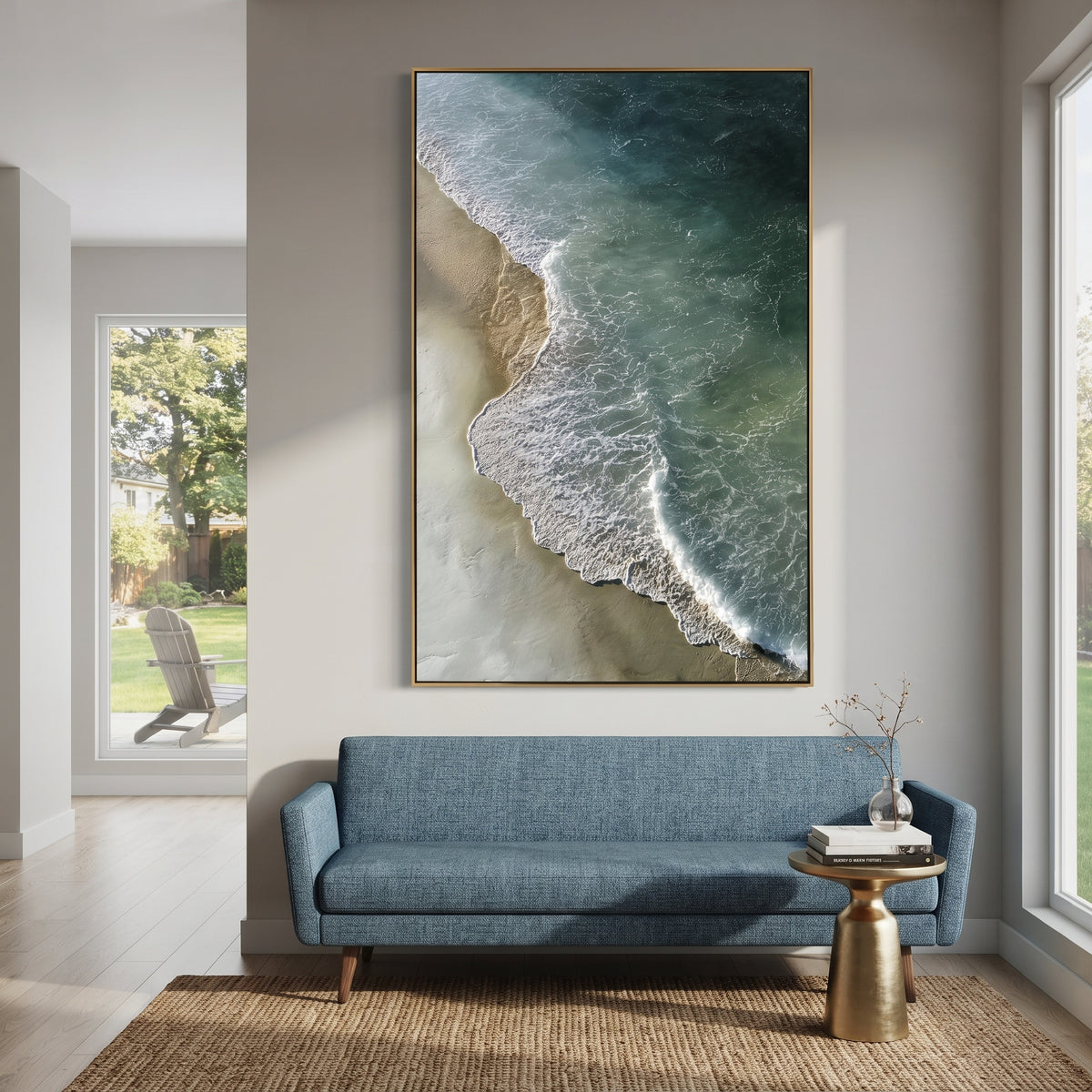 Deep Green Aerial Shore focuses on this hand-painted textured canvas features an aerial shoreline with deep green water, pale sand, and delicate white foam tracing the coast. The composition is described from the actual main image, so the visible subject, color balance, spacing, and surface movement stay specific to this product instead of reading like a batch title. Raised palette-knife layers, sculpted impasto ridges, softened brush transitions, and tactile handmade texture give the canvas