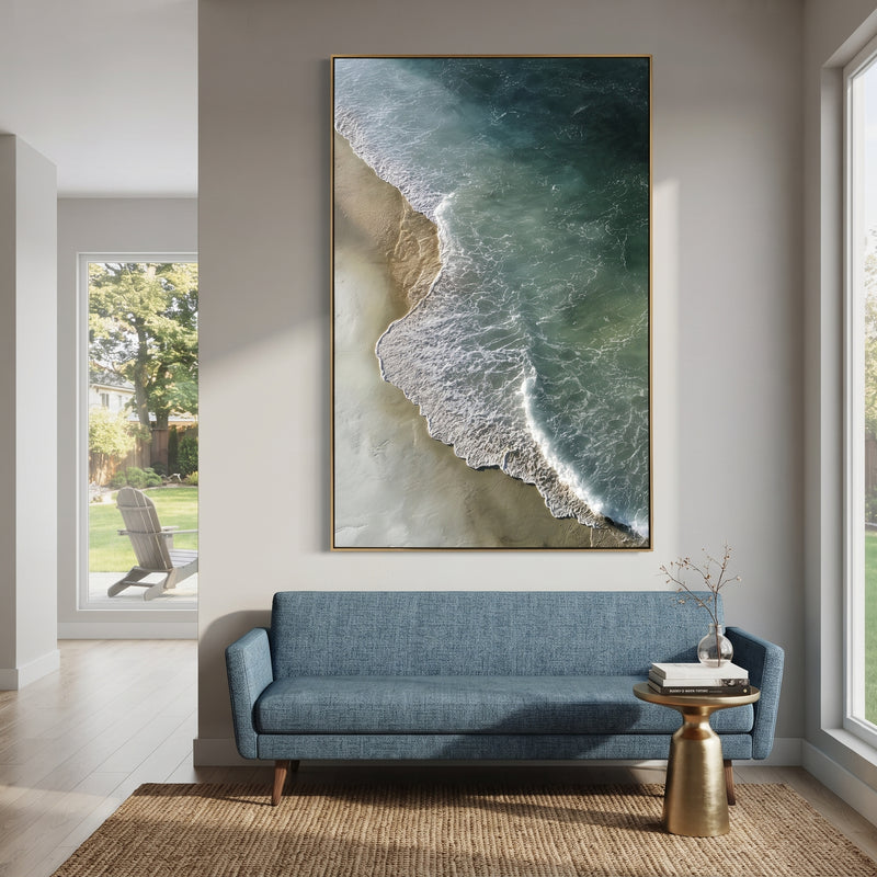 "Deep Green Aerial Shore" - Modern Heavy Impasto Ocean Wave Seascape | Green & Beige Palette Knife Painting | Luxury Vertical Wall Art #PT 1776