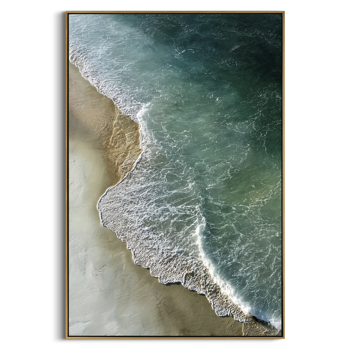 Deep Green Aerial Shore focuses on this hand-painted textured canvas features an aerial shoreline with deep green water, pale sand, and delicate white foam tracing the coast. The composition is described from the actual main image, so the visible subject, color balance, spacing, and surface movement stay specific to this product instead of reading like a batch title. Raised palette-knife layers, sculpted impasto ridges, softened brush transitions, and tactile handmade texture give the canvas