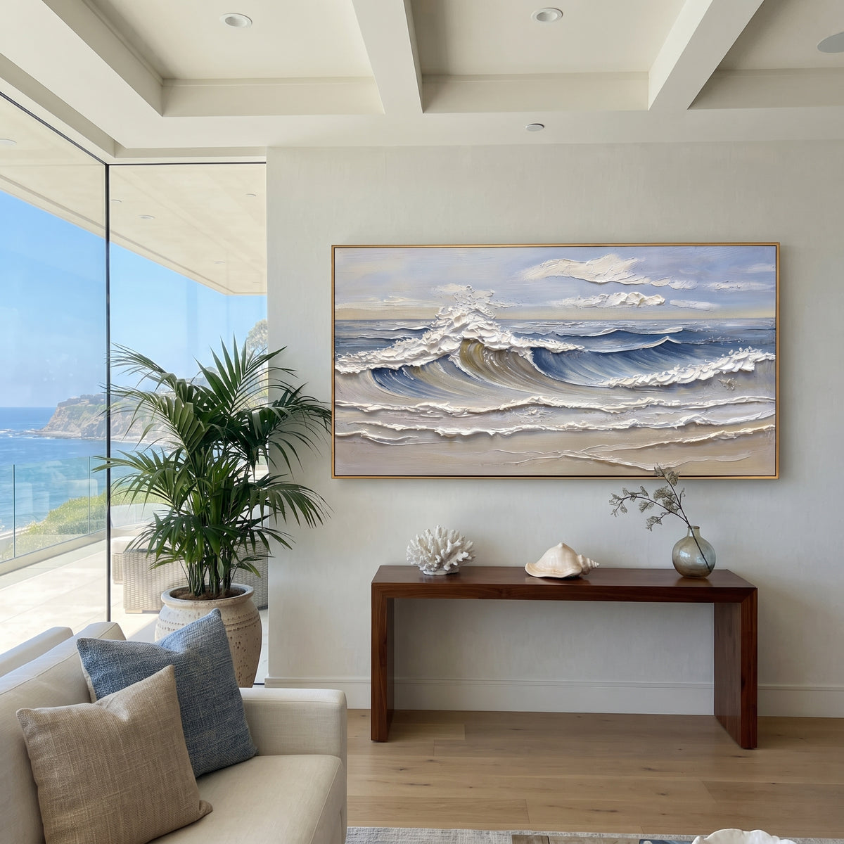 Blue Cresting Wave Relief focuses on this hand-painted textured canvas features a wide blue ocean wave with sculpted white crest foam, layered surf lines, and calm coastal light. The composition is described from the actual main image, so the visible subject, color balance, spacing, and surface movement stay specific to this product instead of reading like a batch title. Raised palette-knife layers, sculpted impasto ridges, softened brush transitions, and tactile handmade texture give the canvas