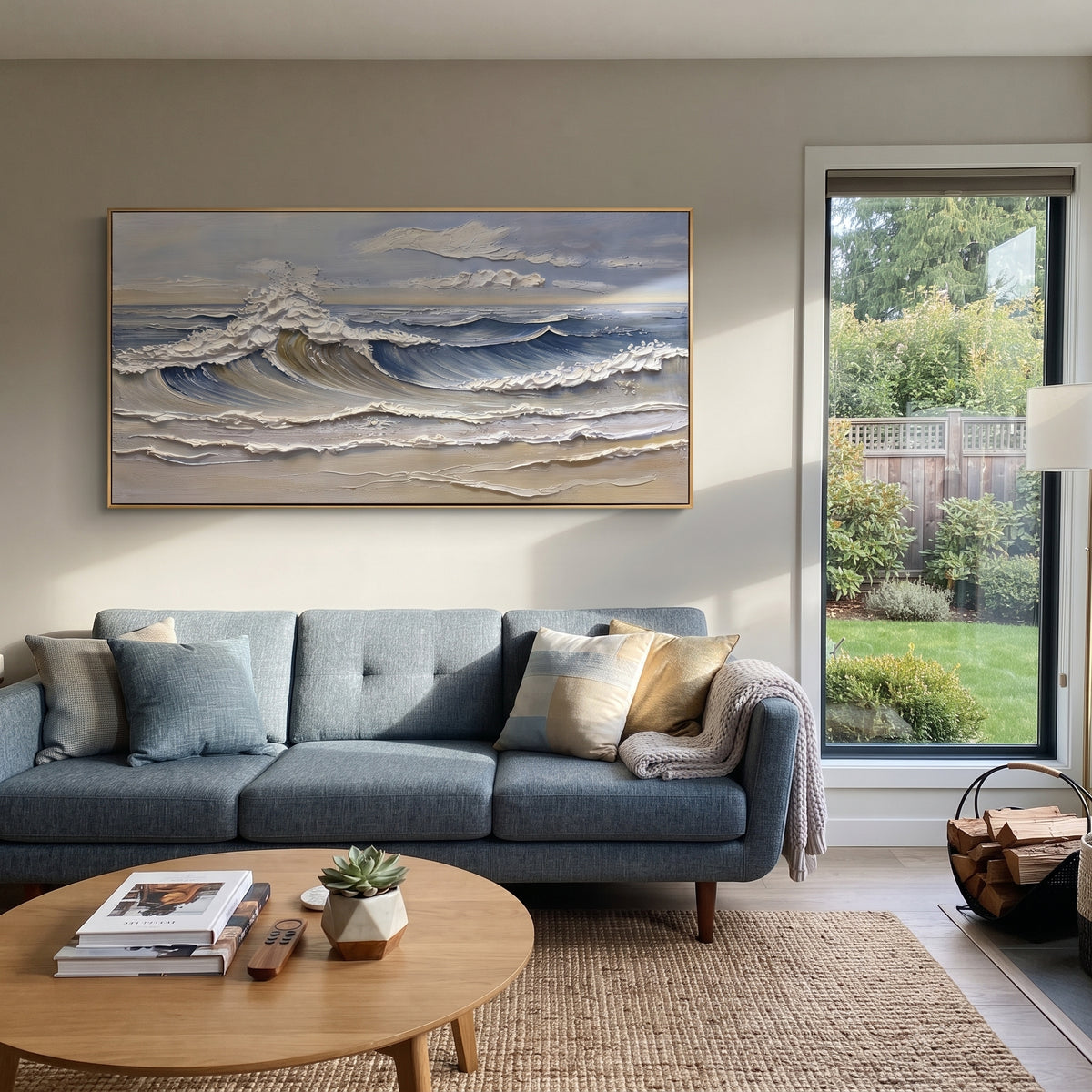Blue Cresting Wave Relief focuses on this hand-painted textured canvas features a wide blue ocean wave with sculpted white crest foam, layered surf lines, and calm coastal light. The composition is described from the actual main image, so the visible subject, color balance, spacing, and surface movement stay specific to this product instead of reading like a batch title. Raised palette-knife layers, sculpted impasto ridges, softened brush transitions, and tactile handmade texture give the canvas