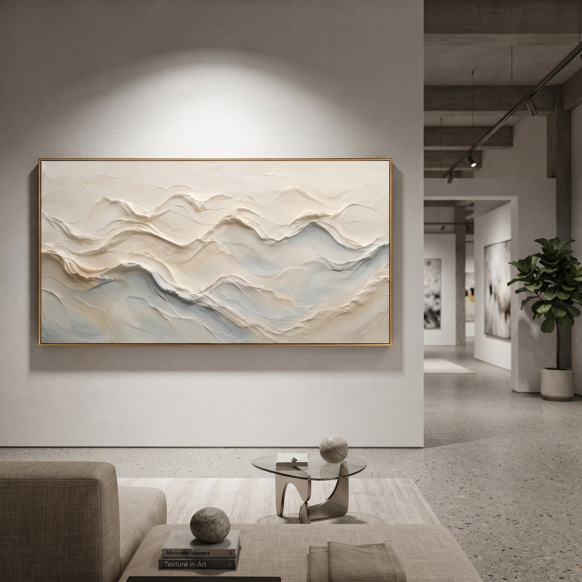 Soft White Mountain Ridge focuses on this hand-painted textured canvas features soft layered white and grey ridges resembling distant mountains, built from smooth raised plaster bands. The composition is described from the actual main image, so the visible subject, color balance, spacing, and surface movement stay specific to this product instead of reading like a batch title. Raised palette-knife layers, sculpted impasto ridges, softened brush transitions, and tactile handmade texture give the