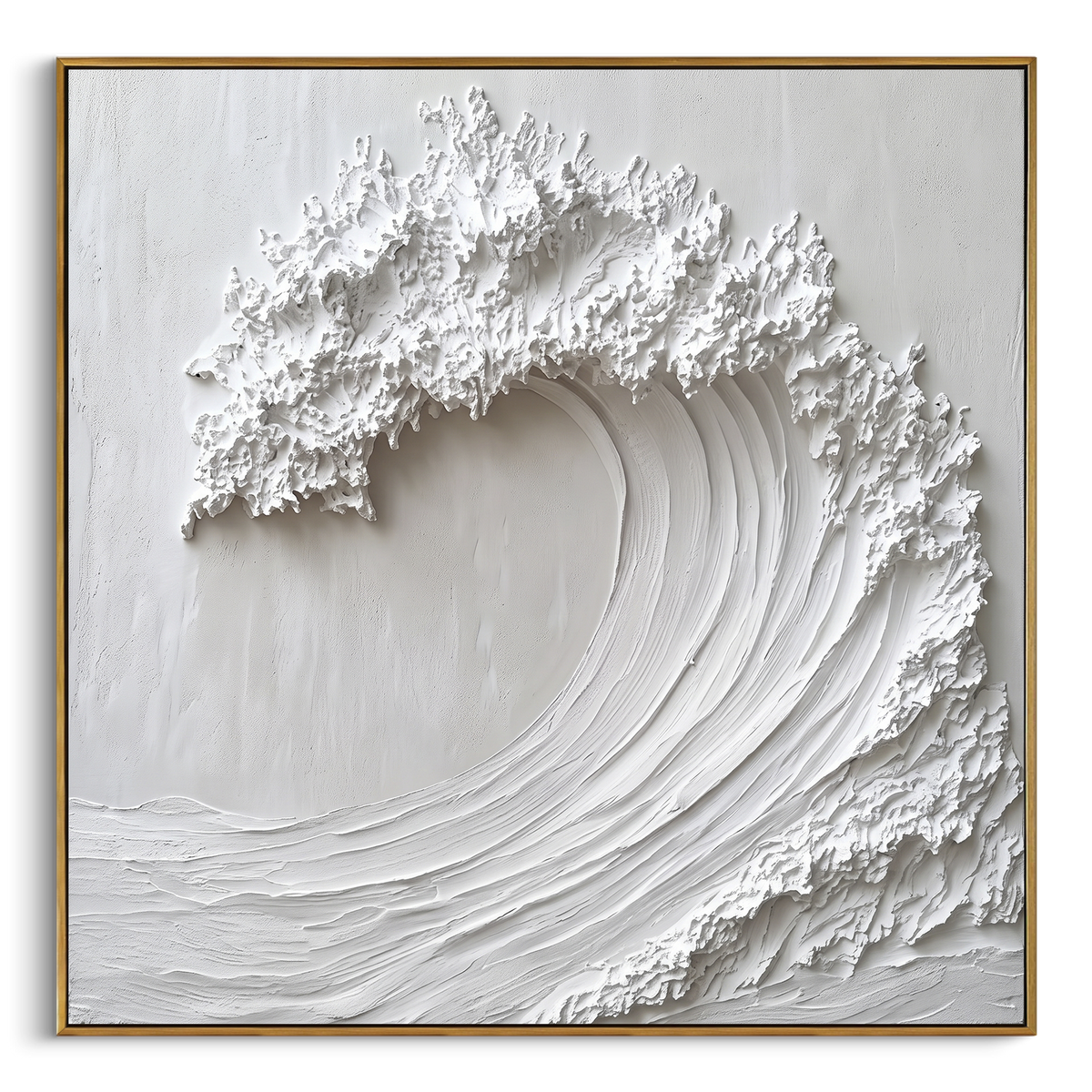 White Curl Wave Crest Relief focuses on this hand-painted textured canvas features a sculptural white curling wave with ribbed sweeping motion, rough crest texture, and subtle shadowed depth. The title and description are matched to the actual main image, so the visible subject, color balance, spacing, and surface movement stay specific to this product instead of using a repeated batch phrase. Raised palette-knife layers, sculpted impasto ridges, softened brush transitions, and tactile handmade