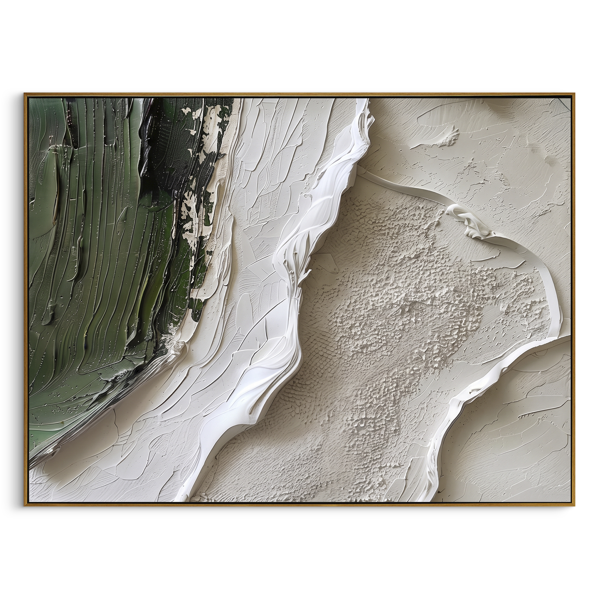 Green White Shore Abstract focuses on this hand-painted textured canvas features dark green vertical texture meeting raised white plaster and neutral sand-like surface in a shoreline-inspired abstract layout. The composition is described from the actual main image, so the visible subject, color balance, spacing, and surface movement stay specific to this product instead of reading like a batch title. Raised palette-knife layers, sculpted impasto ridges, softened brush transitions, and tactile