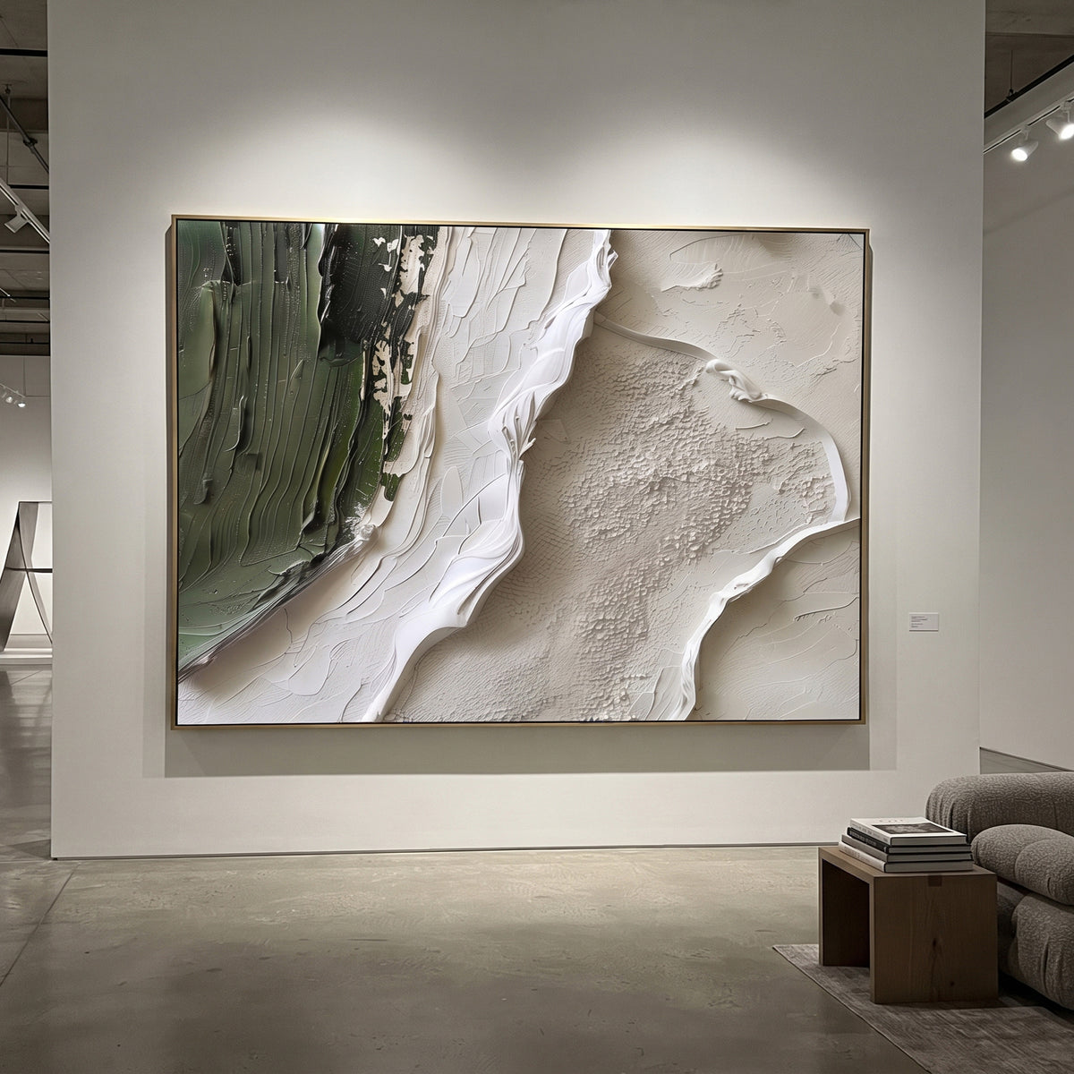 Green White Shore Abstract focuses on this hand-painted textured canvas features dark green vertical texture meeting raised white plaster and neutral sand-like surface in a shoreline-inspired abstract layout. The composition is described from the actual main image, so the visible subject, color balance, spacing, and surface movement stay specific to this product instead of reading like a batch title. Raised palette-knife layers, sculpted impasto ridges, softened brush transitions, and tactile