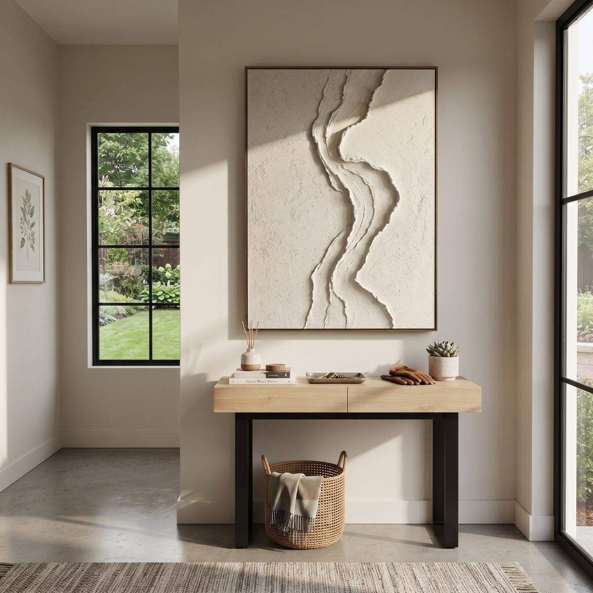 White S Curve Relief focuses on this hand-painted textured canvas features a vertical white S-curve ridge with layered plaster contours over a quiet textured neutral ground. The composition is described from the actual main image, so the visible subject, color balance, spacing, and surface movement stay specific to this product instead of reading like a batch title. Raised palette-knife layers, sculpted impasto ridges, softened brush transitions, and tactile handmade texture give the canvas