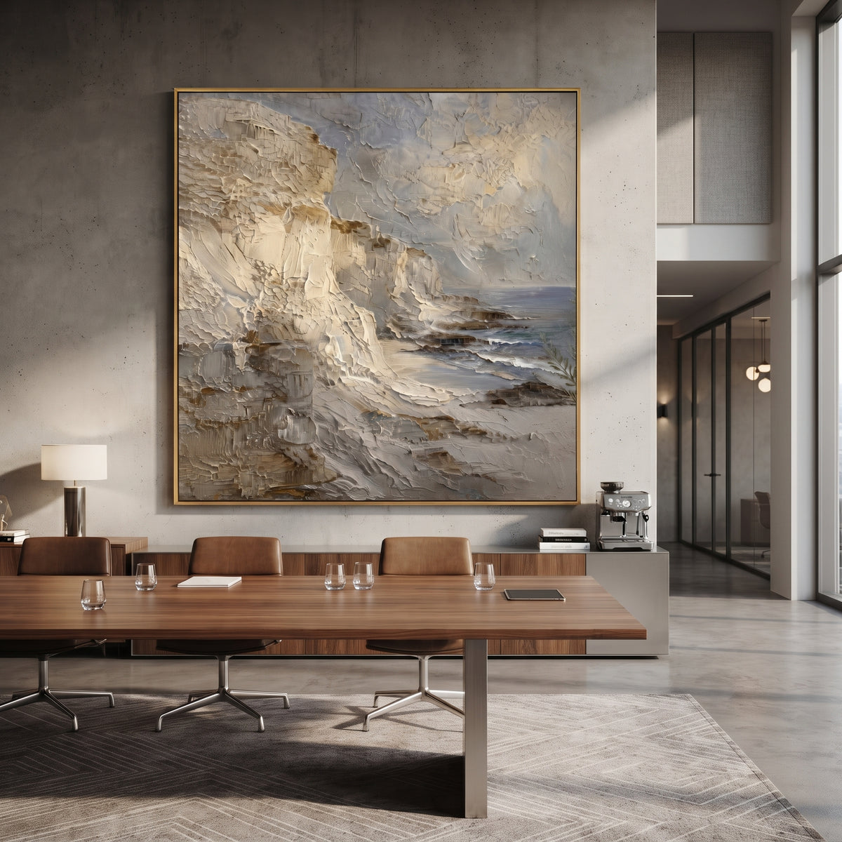 Neutral Cliff Coast Impasto focuses on this hand-painted textured canvas features a neutral cliffside coast with heavy impasto rock faces, soft grey sky, and small blue water accents. The composition is described from the actual main image, so the visible subject, color balance, spacing, and surface movement stay specific to this product instead of reading like a batch title. Raised palette-knife layers, sculpted impasto ridges, softened brush transitions, and tactile handmade texture give the