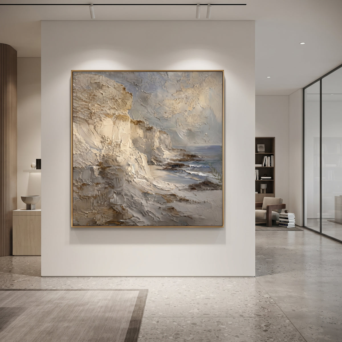 Neutral Cliff Coast Impasto focuses on this hand-painted textured canvas features a neutral cliffside coast with heavy impasto rock faces, soft grey sky, and small blue water accents. The composition is described from the actual main image, so the visible subject, color balance, spacing, and surface movement stay specific to this product instead of reading like a batch title. Raised palette-knife layers, sculpted impasto ridges, softened brush transitions, and tactile handmade texture give the