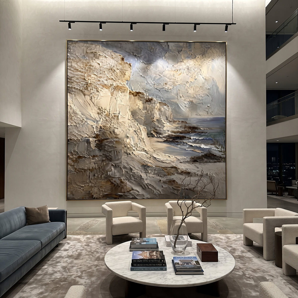 Neutral Cliff Coast Impasto focuses on this hand-painted textured canvas features a neutral cliffside coast with heavy impasto rock faces, soft grey sky, and small blue water accents. The composition is described from the actual main image, so the visible subject, color balance, spacing, and surface movement stay specific to this product instead of reading like a batch title. Raised palette-knife layers, sculpted impasto ridges, softened brush transitions, and tactile handmade texture give the