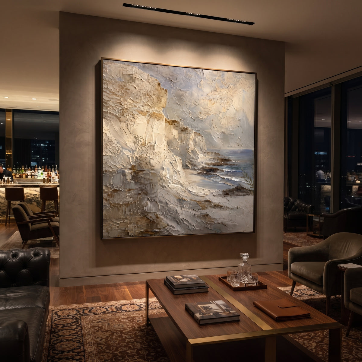 Neutral Cliff Coast Impasto focuses on this hand-painted textured canvas features a neutral cliffside coast with heavy impasto rock faces, soft grey sky, and small blue water accents. The composition is described from the actual main image, so the visible subject, color balance, spacing, and surface movement stay specific to this product instead of reading like a batch title. Raised palette-knife layers, sculpted impasto ridges, softened brush transitions, and tactile handmade texture give the