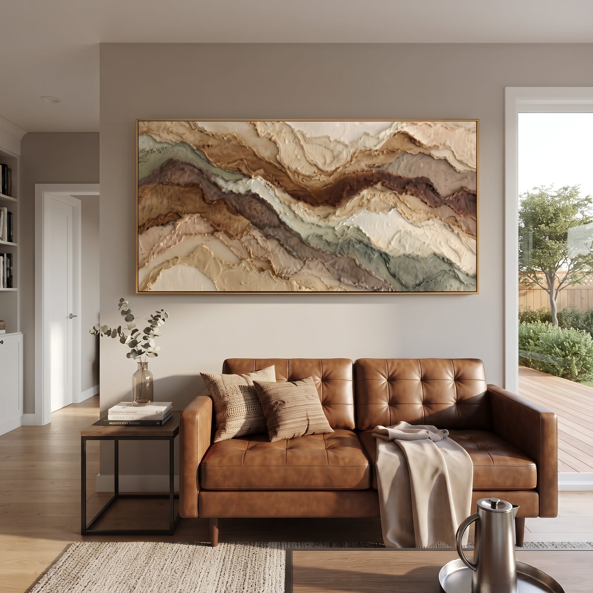 Earth Tone Mountain Layers focuses on this hand-painted textured canvas features wide layered earth-tone mountain bands with raised edges, sage accents, and warm mineral texture. The composition is described from the actual main image, so the visible subject, color balance, spacing, and surface movement stay specific to this product instead of reading like a batch title. Raised palette-knife layers, sculpted impasto ridges, softened brush transitions, and tactile handmade texture give the canvas