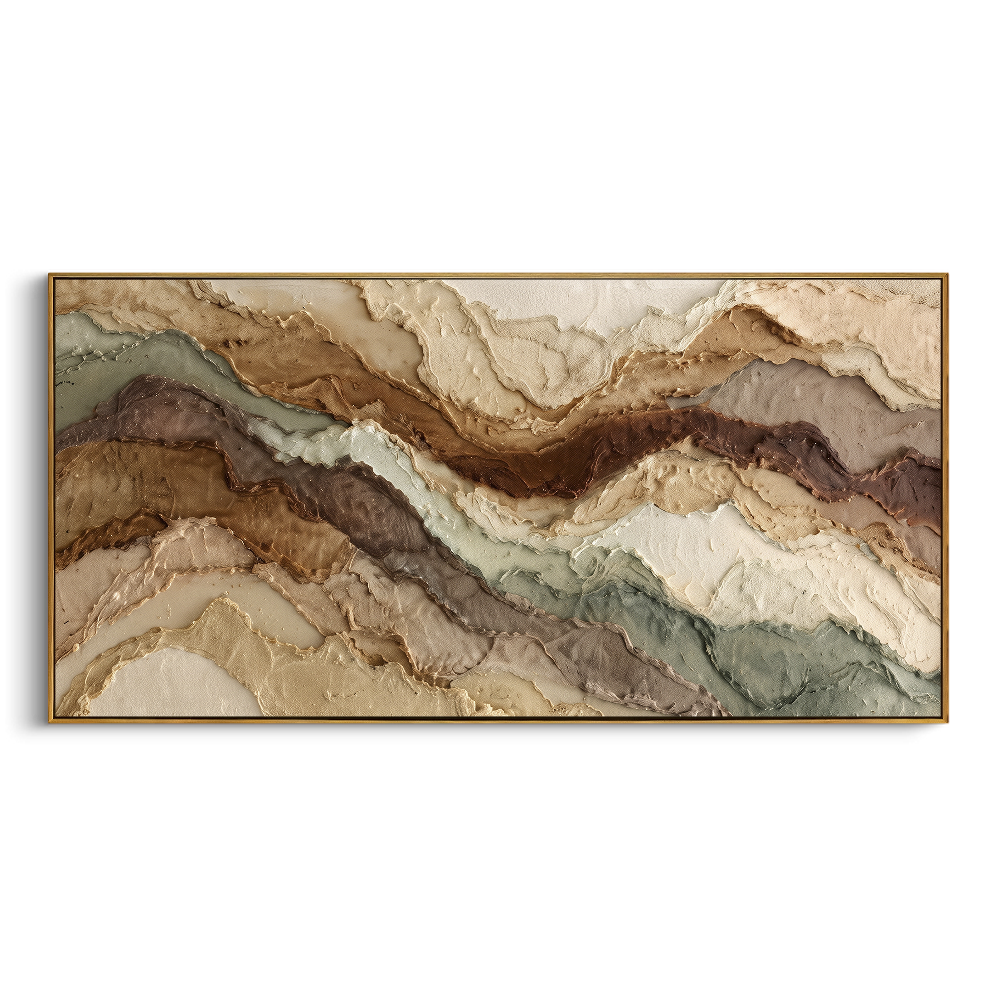 Earth Tone Mountain Layers focuses on this hand-painted textured canvas features wide layered earth-tone mountain bands with raised edges, sage accents, and warm mineral texture. The composition is described from the actual main image, so the visible subject, color balance, spacing, and surface movement stay specific to this product instead of reading like a batch title. Raised palette-knife layers, sculpted impasto ridges, softened brush transitions, and tactile handmade texture give the canvas
