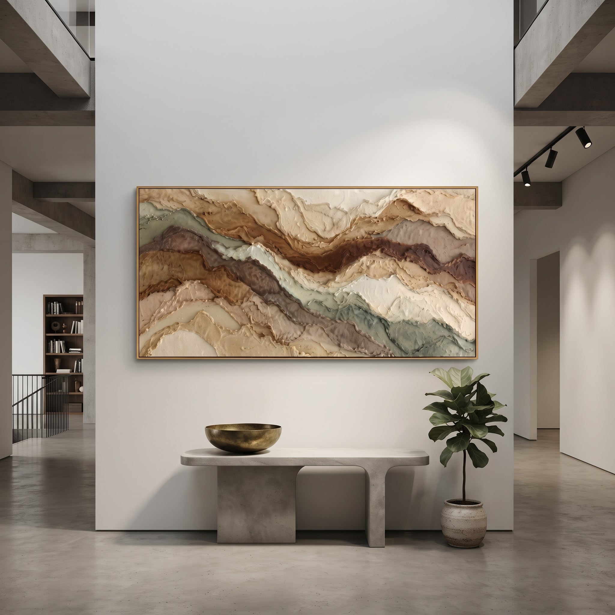 Earth Tone Mountain Layers focuses on this hand-painted textured canvas features wide layered earth-tone mountain bands with raised edges, sage accents, and warm mineral texture. The composition is described from the actual main image, so the visible subject, color balance, spacing, and surface movement stay specific to this product instead of reading like a batch title. Raised palette-knife layers, sculpted impasto ridges, softened brush transitions, and tactile handmade texture give the canvas