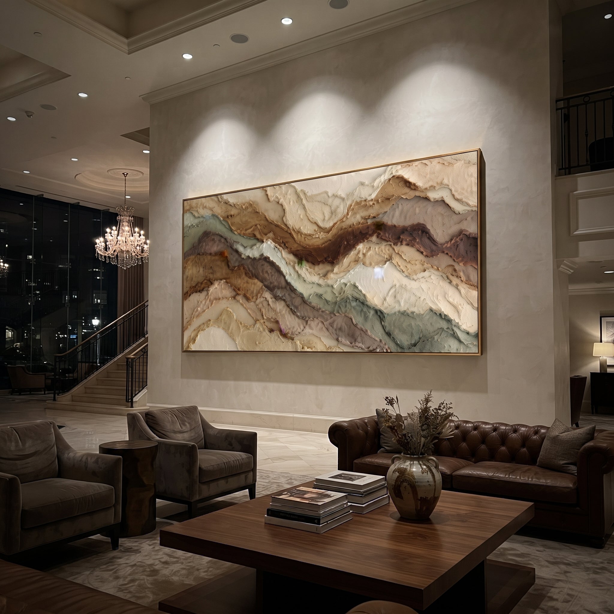 Earth Tone Mountain Layers focuses on this hand-painted textured canvas features wide layered earth-tone mountain bands with raised edges, sage accents, and warm mineral texture. The composition is described from the actual main image, so the visible subject, color balance, spacing, and surface movement stay specific to this product instead of reading like a batch title. Raised palette-knife layers, sculpted impasto ridges, softened brush transitions, and tactile handmade texture give the canvas