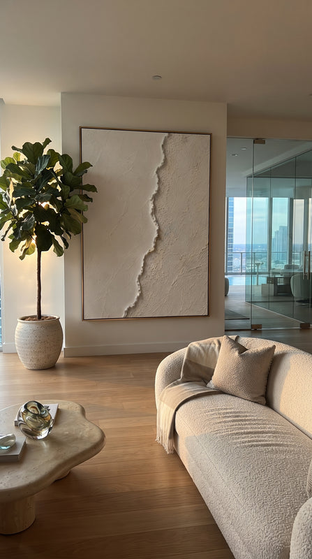 "White Split Texture Relief" - Modern Heavy Impasto Landscape Artwork | White & Grey Palette Knife Painting | Luxury Vertical Wall Art #PT 1784