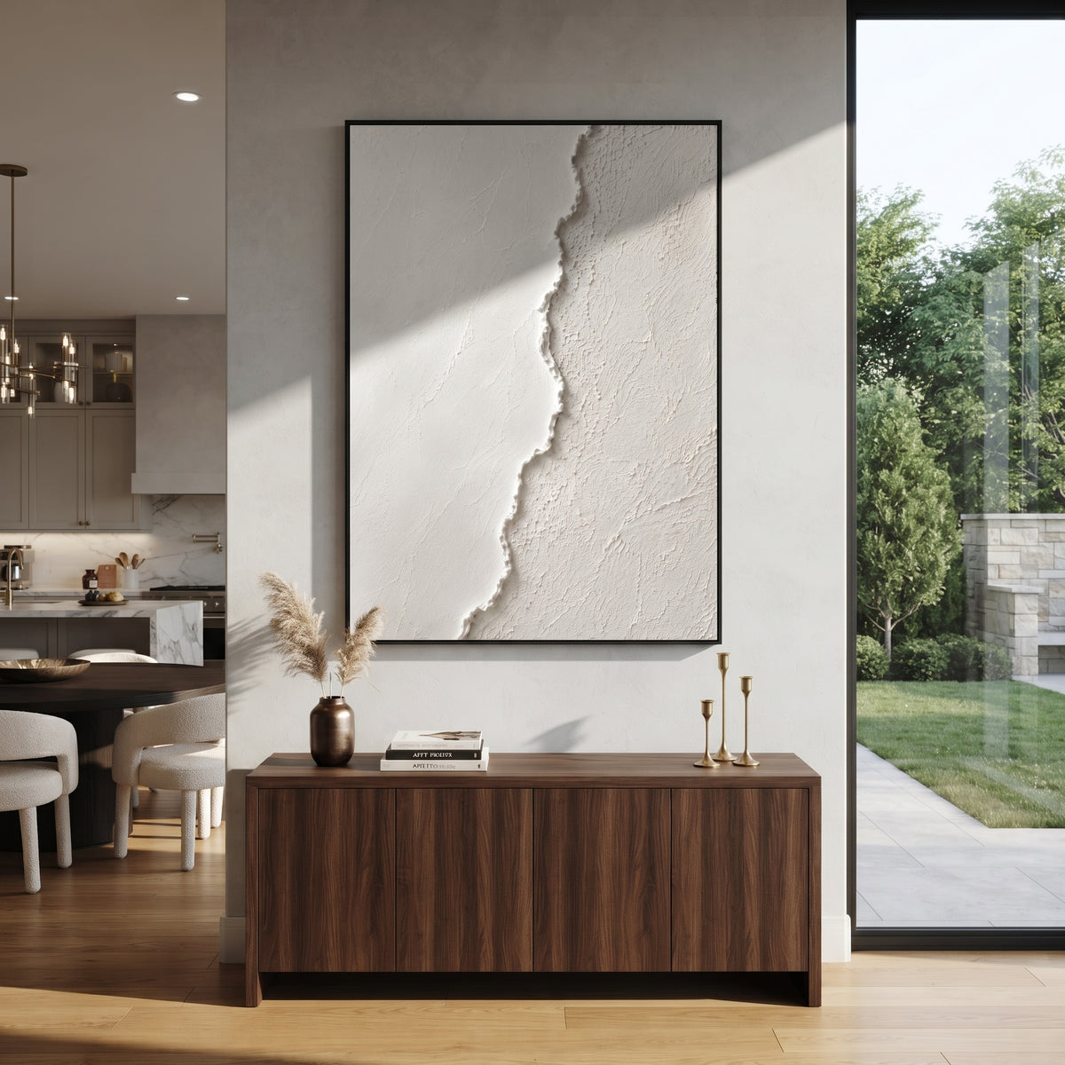 White Split Texture Relief focuses on this hand-painted textured canvas features a clean white plaster surface divided by a raised irregular vertical ridge and contrasting fine wall texture. The composition is described from the actual main image, so the visible subject, color balance, spacing, and surface movement stay specific to this product instead of reading like a batch title. Raised palette-knife layers, sculpted impasto ridges, softened brush transitions, and tactile handmade texture