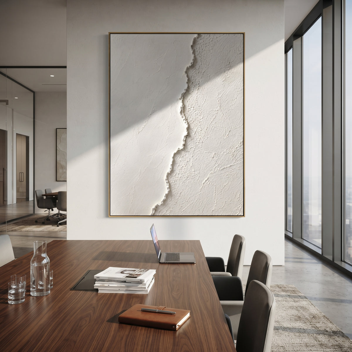 White Split Texture Relief focuses on this hand-painted textured canvas features a clean white plaster surface divided by a raised irregular vertical ridge and contrasting fine wall texture. The composition is described from the actual main image, so the visible subject, color balance, spacing, and surface movement stay specific to this product instead of reading like a batch title. Raised palette-knife layers, sculpted impasto ridges, softened brush transitions, and tactile handmade texture
