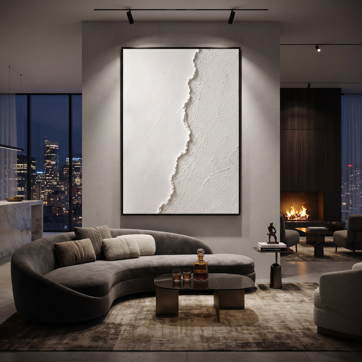 White Split Texture Relief focuses on this hand-painted textured canvas features a clean white plaster surface divided by a raised irregular vertical ridge and contrasting fine wall texture. The composition is described from the actual main image, so the visible subject, color balance, spacing, and surface movement stay specific to this product instead of reading like a batch title. Raised palette-knife layers, sculpted impasto ridges, softened brush transitions, and tactile handmade texture