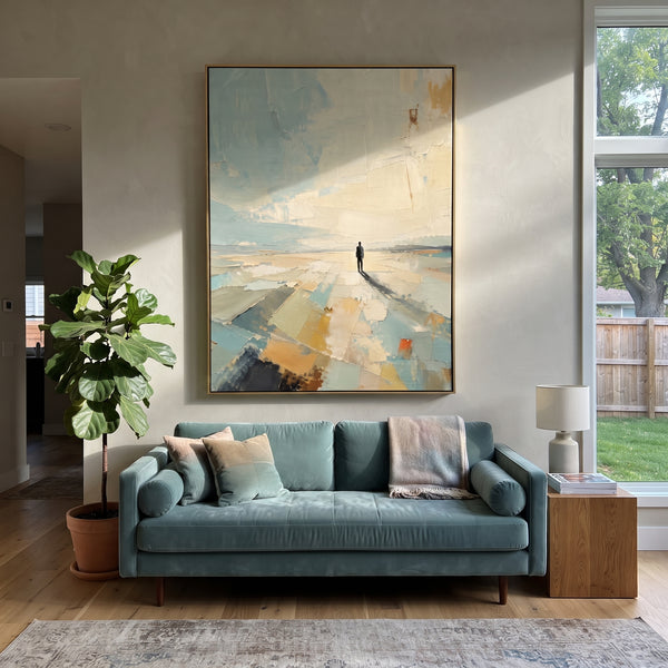 "Lone Figure Horizon" - Modern Heavy Impasto Abstract Artwork | Blue & Beige Palette Knife Painting | Luxury Vertical Wall Art #PT 1785