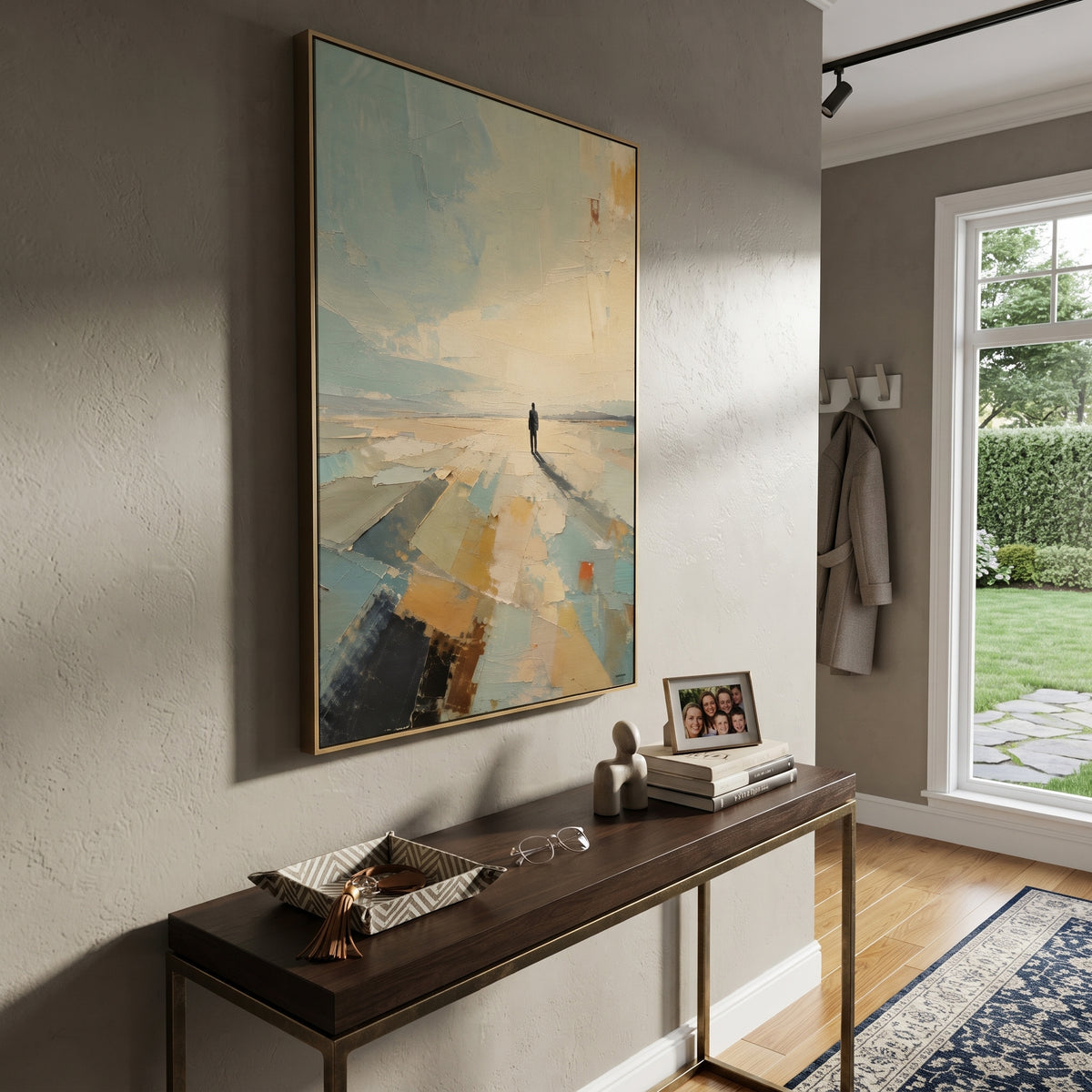 Lone Figure Horizon focuses on this hand-painted textured canvas features a solitary dark figure standing on a pale abstract horizon with long shadow, soft blue sky, and warm ochre ground. The composition is described from the actual main image, so the visible subject, color balance, spacing, and surface movement stay specific to this product instead of reading like a batch title. Raised palette-knife layers, sculpted impasto ridges, softened brush transitions, and tactile handmade texture give