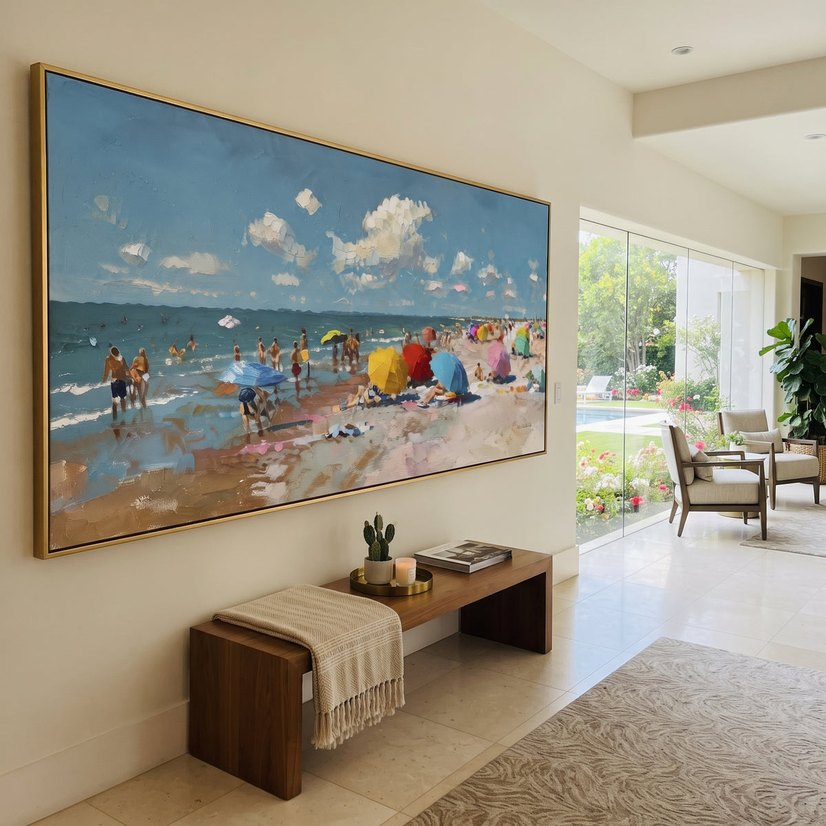Bright Umbrella Beach focuses on this hand-painted textured canvas features a sunny beach crowd with colorful umbrellas, blue sea, bright sky, and lively impasto figures. The composition is described from the actual main image, so the visible subject, color balance, spacing, and surface movement stay specific to this product instead of reading like a batch title. Raised palette-knife layers, sculpted impasto ridges, softened brush transitions, and tactile handmade texture give the canvas