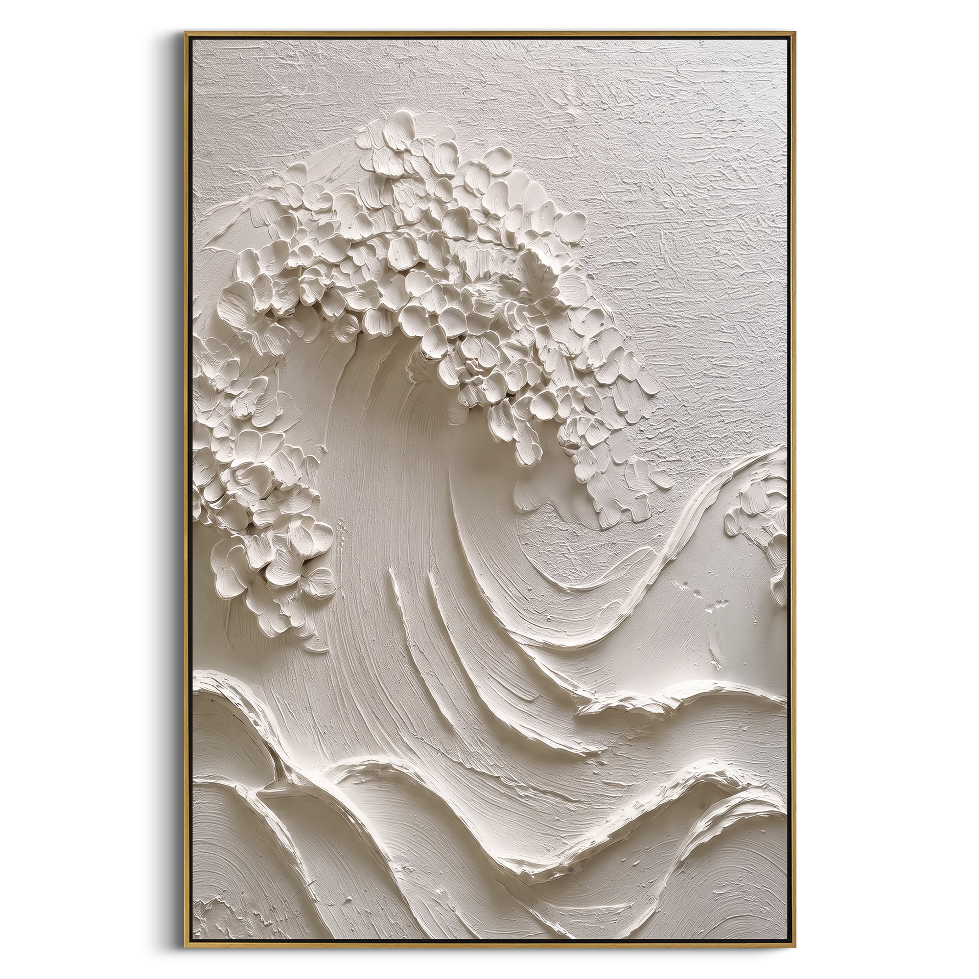 White Floral Relief focuses on this hand-painted textured canvas features large white and beige impasto blossoms with raised petals, warm centers, and textured botanical depth. The composition is described from the actual main image, so the visible subject, color balance, spacing, and surface movement stay specific to this product instead of reading like a batch title. Raised palette-knife layers, sculpted impasto ridges, softened brush transitions, and tactile handmade texture give the canvas