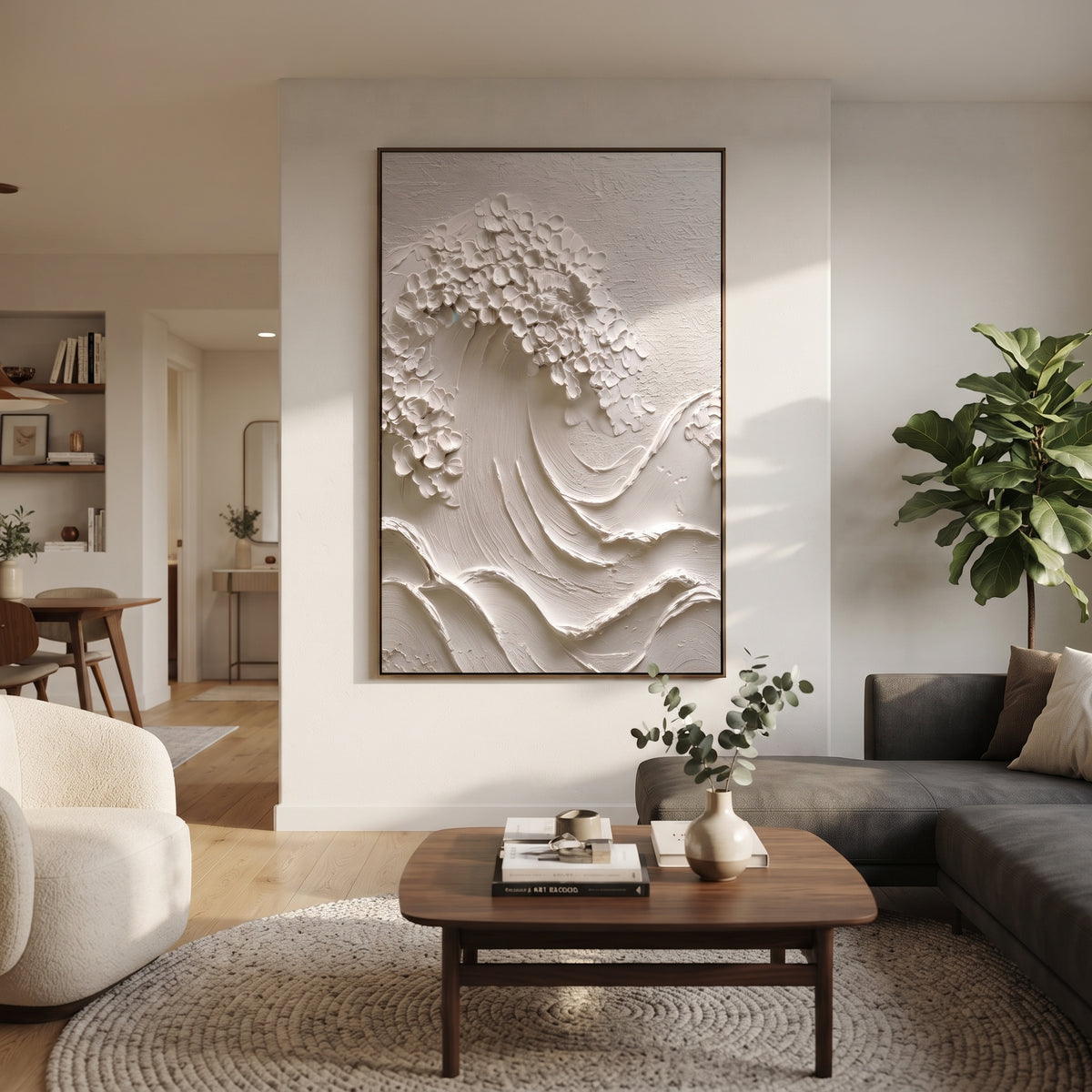 White Floral Relief focuses on this hand-painted textured canvas features large white and beige impasto blossoms with raised petals, warm centers, and textured botanical depth. The composition is described from the actual main image, so the visible subject, color balance, spacing, and surface movement stay specific to this product instead of reading like a batch title. Raised palette-knife layers, sculpted impasto ridges, softened brush transitions, and tactile handmade texture give the canvas