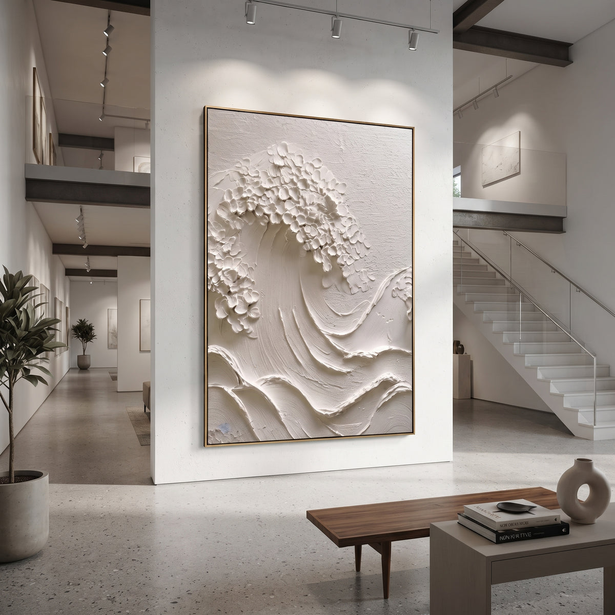 White Floral Relief focuses on this hand-painted textured canvas features large white and beige impasto blossoms with raised petals, warm centers, and textured botanical depth. The composition is described from the actual main image, so the visible subject, color balance, spacing, and surface movement stay specific to this product instead of reading like a batch title. Raised palette-knife layers, sculpted impasto ridges, softened brush transitions, and tactile handmade texture give the canvas