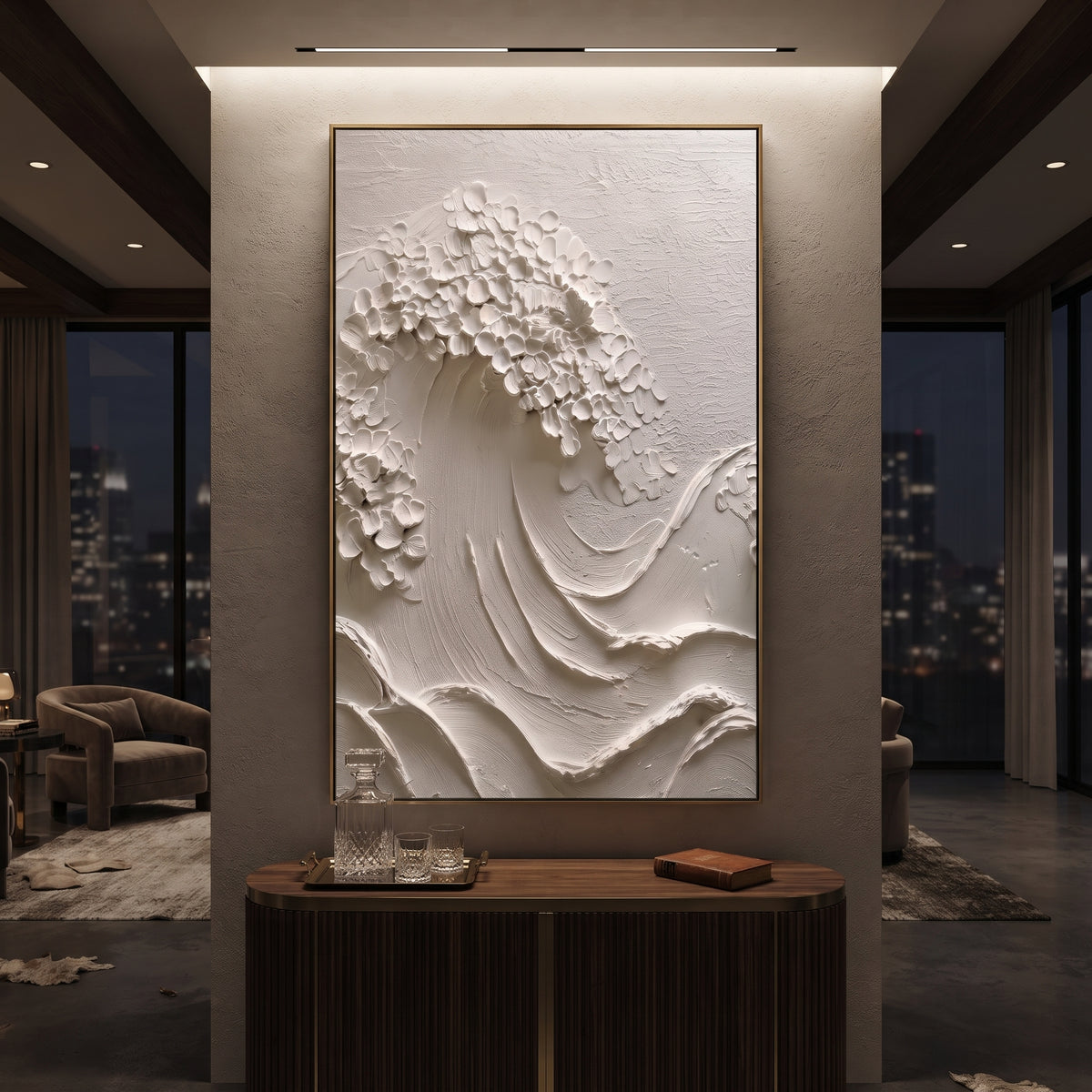 White Floral Relief focuses on this hand-painted textured canvas features large white and beige impasto blossoms with raised petals, warm centers, and textured botanical depth. The composition is described from the actual main image, so the visible subject, color balance, spacing, and surface movement stay specific to this product instead of reading like a batch title. Raised palette-knife layers, sculpted impasto ridges, softened brush transitions, and tactile handmade texture give the canvas