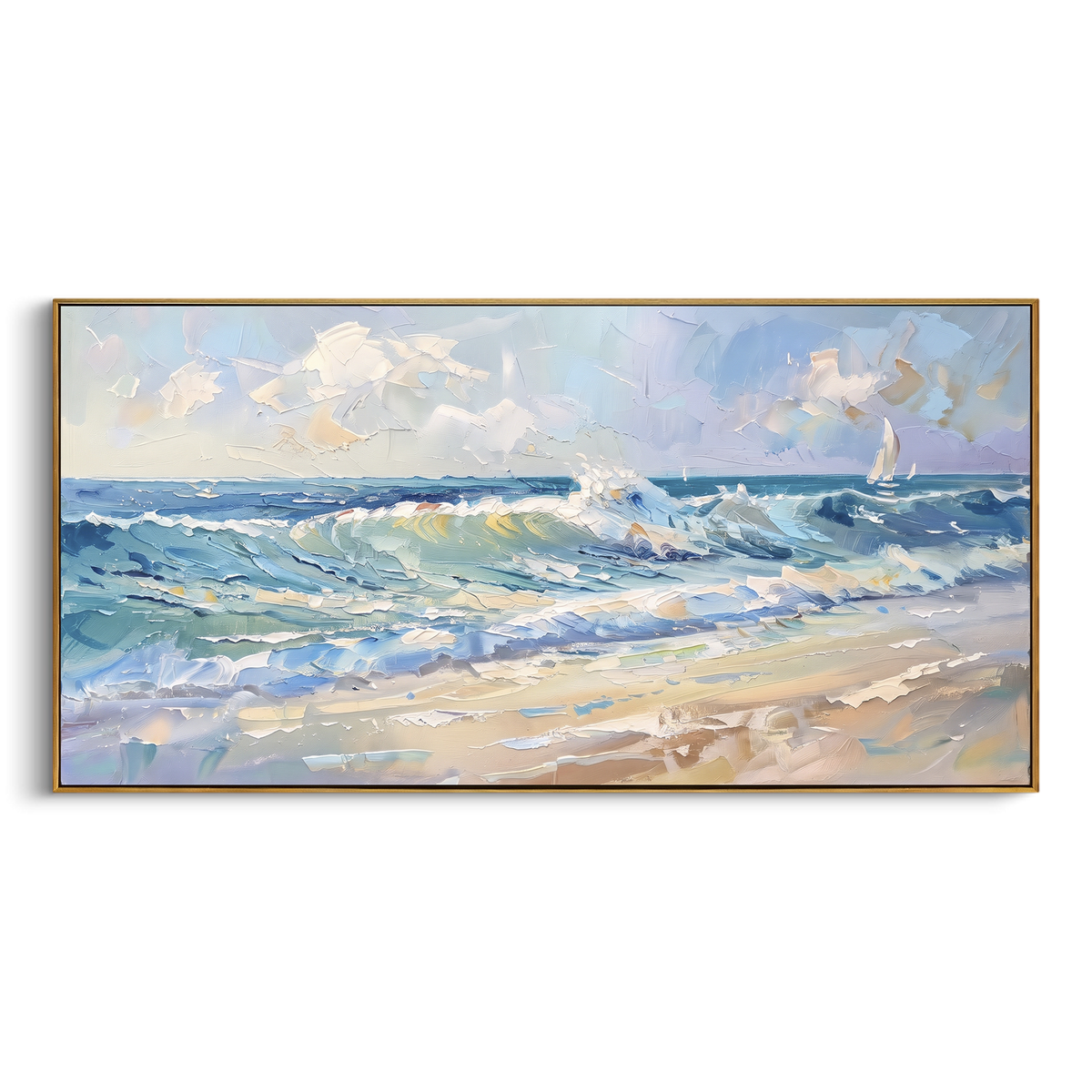 Blue White Beach Wave focuses on this hand-painted textured canvas features a wide white sculptural wave with curling crest, combed ribbed motion, and thick raised foam texture. The title and description are matched to the actual main image, so the visible subject, color balance, spacing, and surface movement stay specific to this product instead of using a repeated batch phrase. Raised palette-knife layers, sculpted impasto ridges, softened brush transitions, and tactile handmade texture give