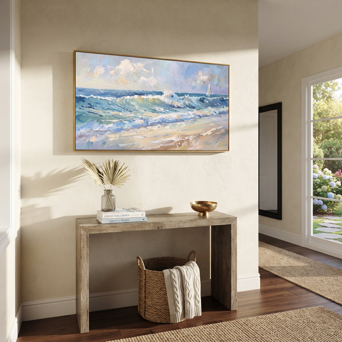 Blue White Beach Wave focuses on this hand-painted textured canvas features a wide white sculptural wave with curling crest, combed ribbed motion, and thick raised foam texture. The title and description are matched to the actual main image, so the visible subject, color balance, spacing, and surface movement stay specific to this product instead of using a repeated batch phrase. Raised palette-knife layers, sculpted impasto ridges, softened brush transitions, and tactile handmade texture give