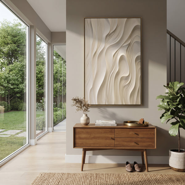 "White Flowing Line Relief" - Modern Heavy Impasto Geometric Abstract | White & Beige Palette Knife Painting | Luxury Vertical Wall Art #PT 1794