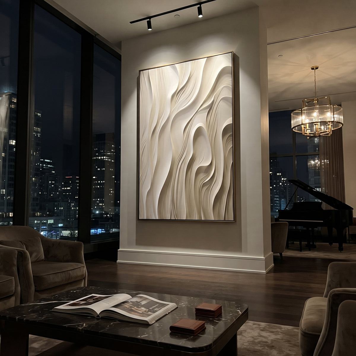 White Flowing Line Relief focuses on this hand-painted textured canvas features smooth white and beige flowing vertical lines with soft carved grooves and sculptural wall depth. The composition is described from the actual main image, so the visible subject, color balance, spacing, and surface movement stay specific to this product instead of reading like a batch title. Raised palette-knife layers, sculpted impasto ridges, softened brush transitions, and tactile handmade texture give the canvas