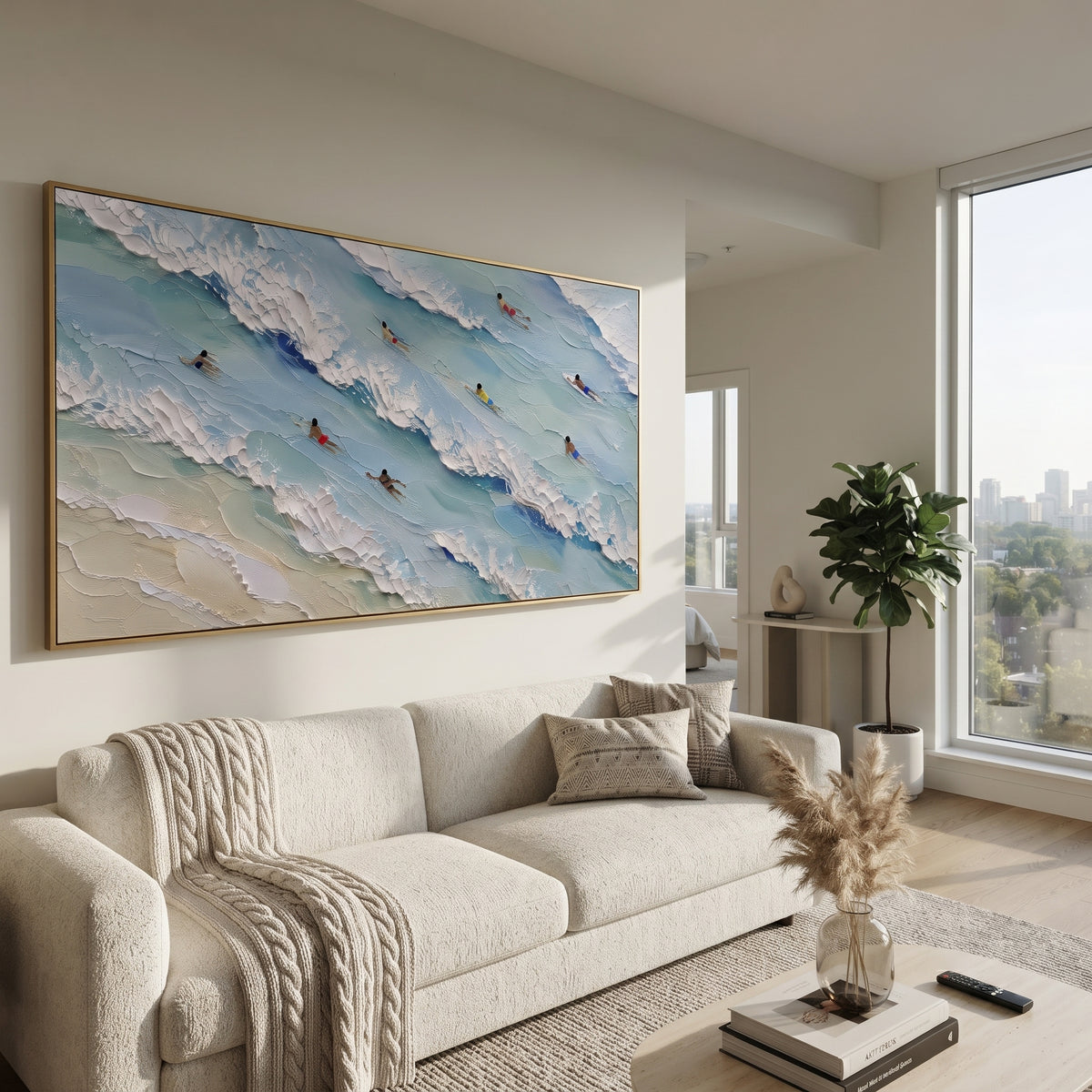 Blue Swimmers Surf focuses on this hand-painted textured canvas features an aerial surf scene with swimmers, pale blue water, raised white wave bands, and sandy shoreline texture. The composition is described from the actual main image, so the visible subject, color balance, spacing, and surface movement stay specific to this product instead of reading like a batch title. Raised palette-knife layers, sculpted impasto ridges, softened brush transitions, and tactile handmade texture give the