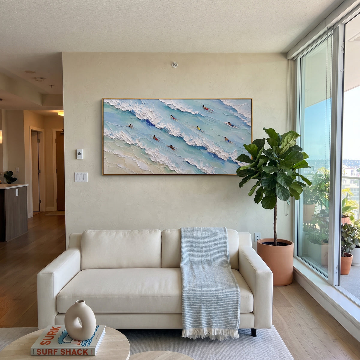 Blue Swimmers Surf focuses on this hand-painted textured canvas features an aerial surf scene with swimmers, pale blue water, raised white wave bands, and sandy shoreline texture. The composition is described from the actual main image, so the visible subject, color balance, spacing, and surface movement stay specific to this product instead of reading like a batch title. Raised palette-knife layers, sculpted impasto ridges, softened brush transitions, and tactile handmade texture give the