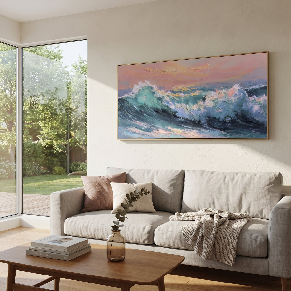 Pink Sunset Wave focuses on this hand-painted textured canvas features a dramatic teal-blue wave under a pink sunset sky with thick impasto foam and colorful surf movement. The composition is described from the actual main image, so the visible subject, color balance, spacing, and surface movement stay specific to this product instead of reading like a batch title. Raised palette-knife layers, sculpted impasto ridges, softened brush transitions, and tactile handmade texture give the canvas