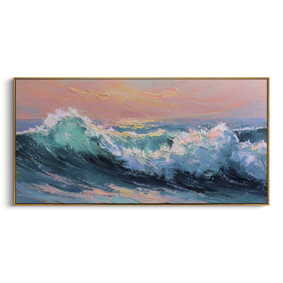 Pink Sunset Wave focuses on this hand-painted textured canvas features a dramatic teal-blue wave under a pink sunset sky with thick impasto foam and colorful surf movement. The composition is described from the actual main image, so the visible subject, color balance, spacing, and surface movement stay specific to this product instead of reading like a batch title. Raised palette-knife layers, sculpted impasto ridges, softened brush transitions, and tactile handmade texture give the canvas
