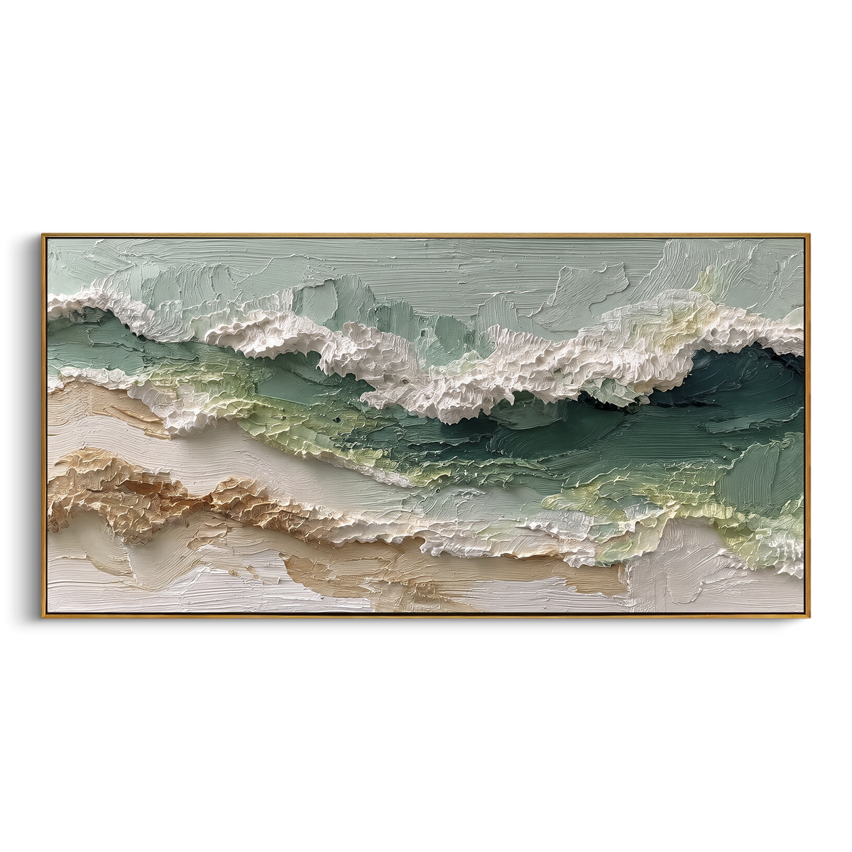 Green Coastal Wave Relief focuses on this hand-painted textured canvas features a wide green coastal wave with raised white crest, sandy lower bands, and textured seafoam layers. The composition is described from the actual main image, so the visible subject, color balance, spacing, and surface movement stay specific to this product instead of reading like a batch title. Raised palette-knife layers, sculpted impasto ridges, softened brush transitions, and tactile handmade texture give the canvas
