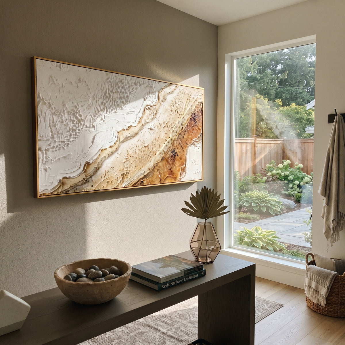Brown Gold Topographic Relief focuses on this hand-painted textured canvas features warm brown and beige topographic bands with white plaster fields, raised ridges, and mineral surface detail. The composition is described from the actual main image, so the visible subject, color balance, spacing, and surface movement stay specific to this product instead of reading like a batch title. Raised palette-knife layers, sculpted impasto ridges, softened brush transitions, and tactile handmade texture