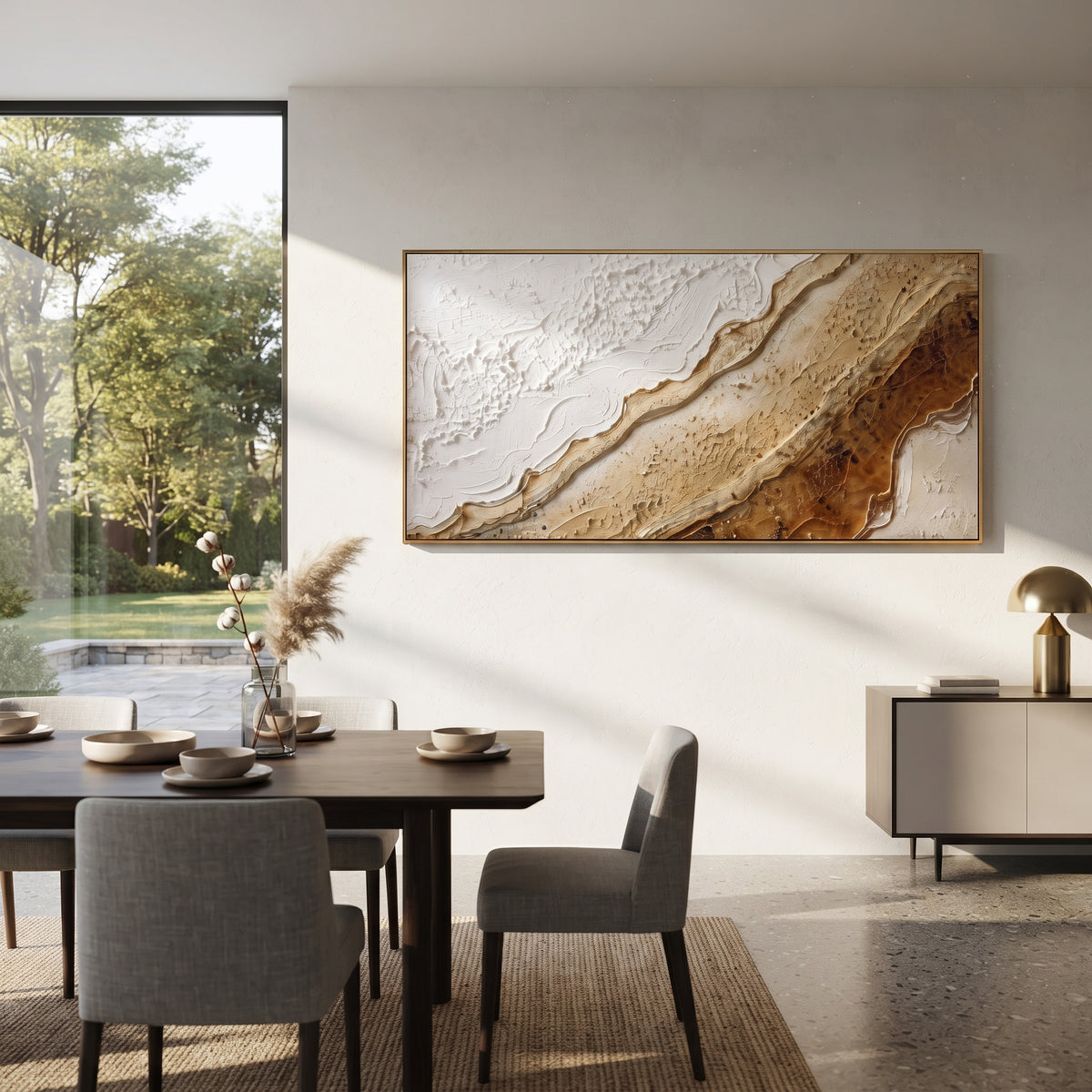 Brown Gold Topographic Relief focuses on this hand-painted textured canvas features warm brown and beige topographic bands with white plaster fields, raised ridges, and mineral surface detail. The composition is described from the actual main image, so the visible subject, color balance, spacing, and surface movement stay specific to this product instead of reading like a batch title. Raised palette-knife layers, sculpted impasto ridges, softened brush transitions, and tactile handmade texture