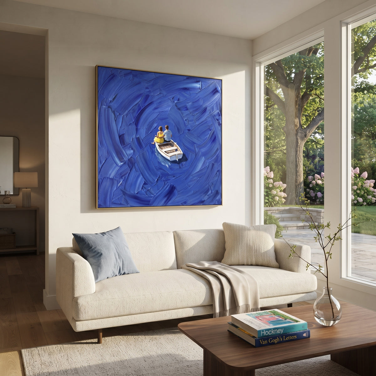 Blue Boat Couple Impasto focuses on this hand-painted textured canvas features a couple seated in a small white boat surrounded by deep blue impasto brushwork and circular water motion. The composition is described from the actual main image, so the visible subject, color balance, spacing, and surface movement stay specific to this product instead of reading like a batch title. Raised palette-knife layers, sculpted impasto ridges, softened brush transitions, and tactile handmade texture give the