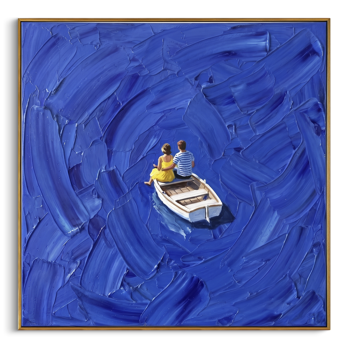 Blue Boat Couple Impasto focuses on this hand-painted textured canvas features a couple seated in a small white boat surrounded by deep blue impasto brushwork and circular water motion. The composition is described from the actual main image, so the visible subject, color balance, spacing, and surface movement stay specific to this product instead of reading like a batch title. Raised palette-knife layers, sculpted impasto ridges, softened brush transitions, and tactile handmade texture give the