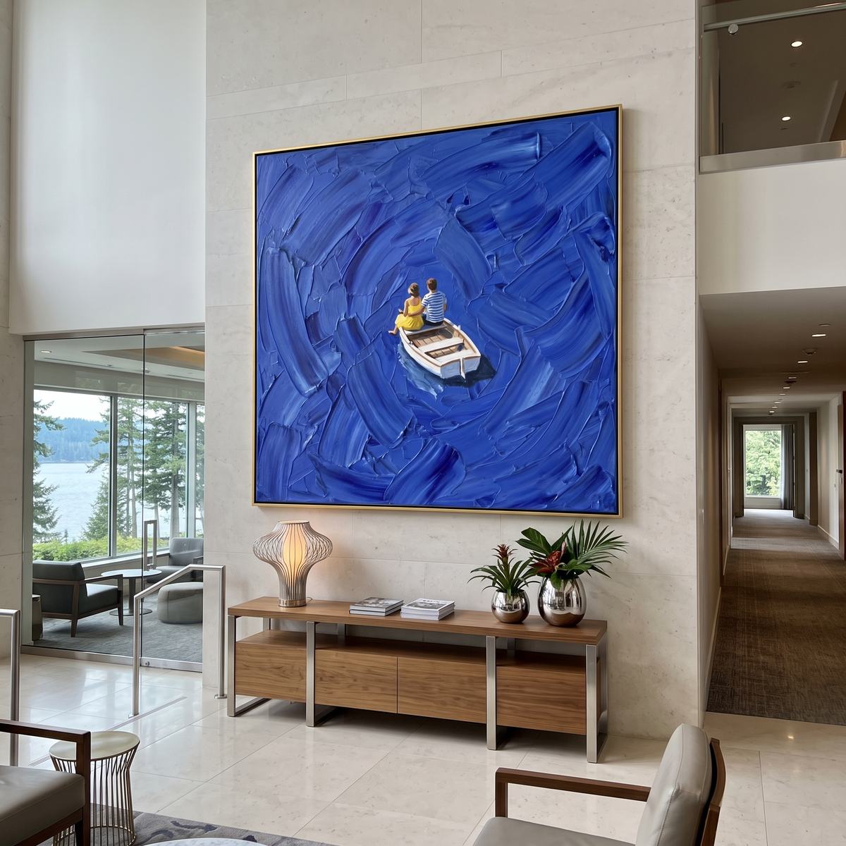 Blue Boat Couple Impasto focuses on this hand-painted textured canvas features a couple seated in a small white boat surrounded by deep blue impasto brushwork and circular water motion. The composition is described from the actual main image, so the visible subject, color balance, spacing, and surface movement stay specific to this product instead of reading like a batch title. Raised palette-knife layers, sculpted impasto ridges, softened brush transitions, and tactile handmade texture give the