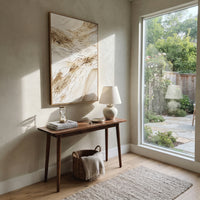 Warm Neutral Abstract Relief focuses on this hand-painted textured canvas features warm neutral plaster strokes with brown mineral accents, raised diagonal movement, and soft ivory texture. The composition is described from the actual main image, so the visible subject, color balance, spacing, and surface movement stay specific to this product instead of reading like a batch title. Raised palette-knife layers, sculpted impasto ridges, softened brush transitions, and tactile handmade texture give