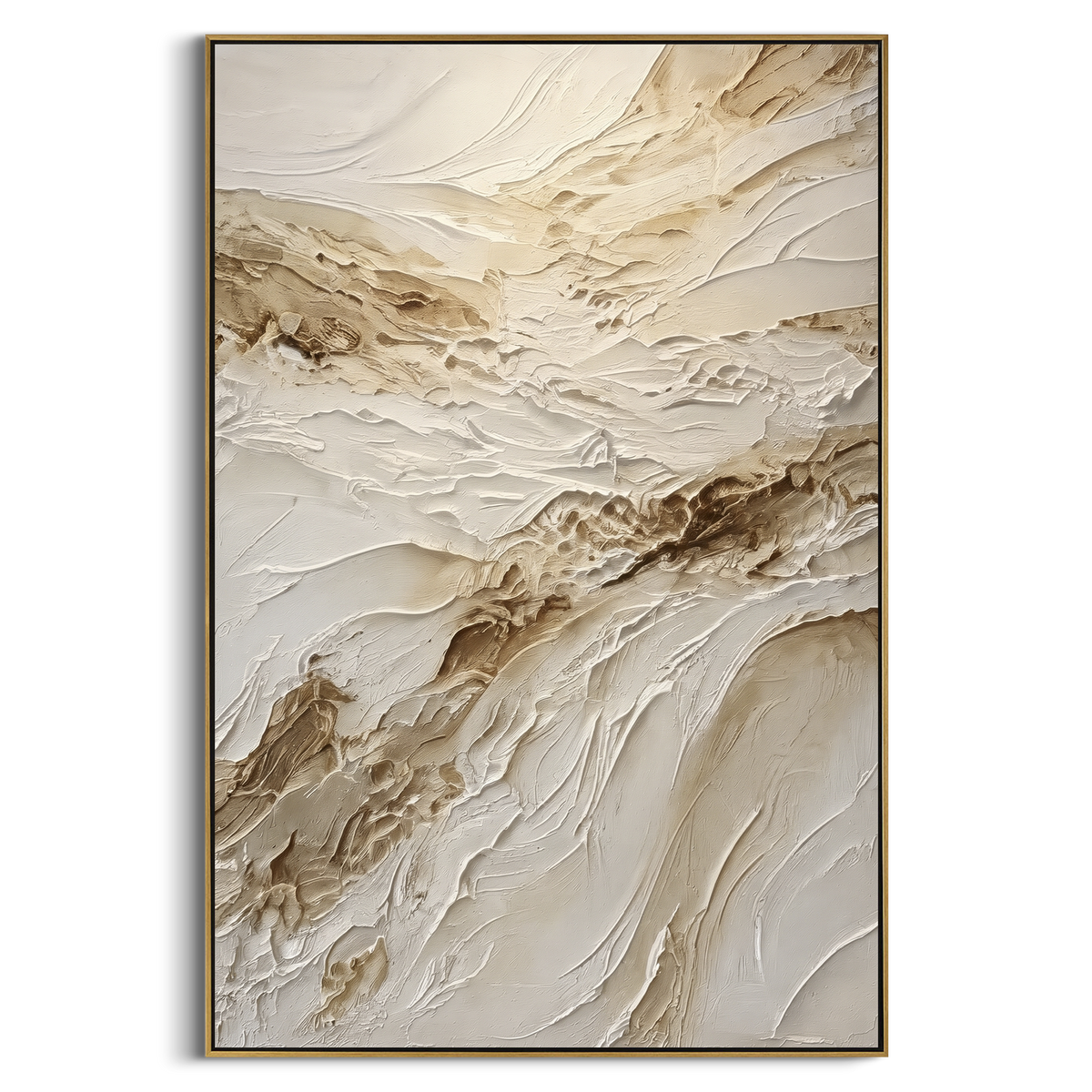 Warm Neutral Abstract Relief focuses on this hand-painted textured canvas features warm neutral plaster strokes with brown mineral accents, raised diagonal movement, and soft ivory texture. The composition is described from the actual main image, so the visible subject, color balance, spacing, and surface movement stay specific to this product instead of reading like a batch title. Raised palette-knife layers, sculpted impasto ridges, softened brush transitions, and tactile handmade texture give