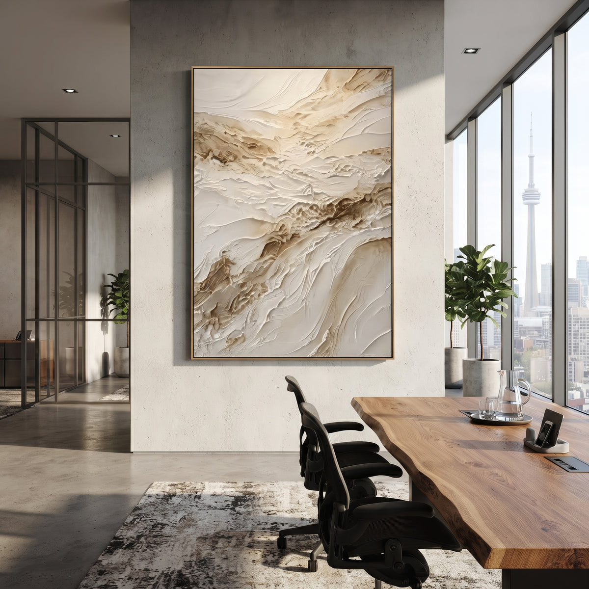 Warm Neutral Abstract Relief focuses on this hand-painted textured canvas features warm neutral plaster strokes with brown mineral accents, raised diagonal movement, and soft ivory texture. The composition is described from the actual main image, so the visible subject, color balance, spacing, and surface movement stay specific to this product instead of reading like a batch title. Raised palette-knife layers, sculpted impasto ridges, softened brush transitions, and tactile handmade texture give