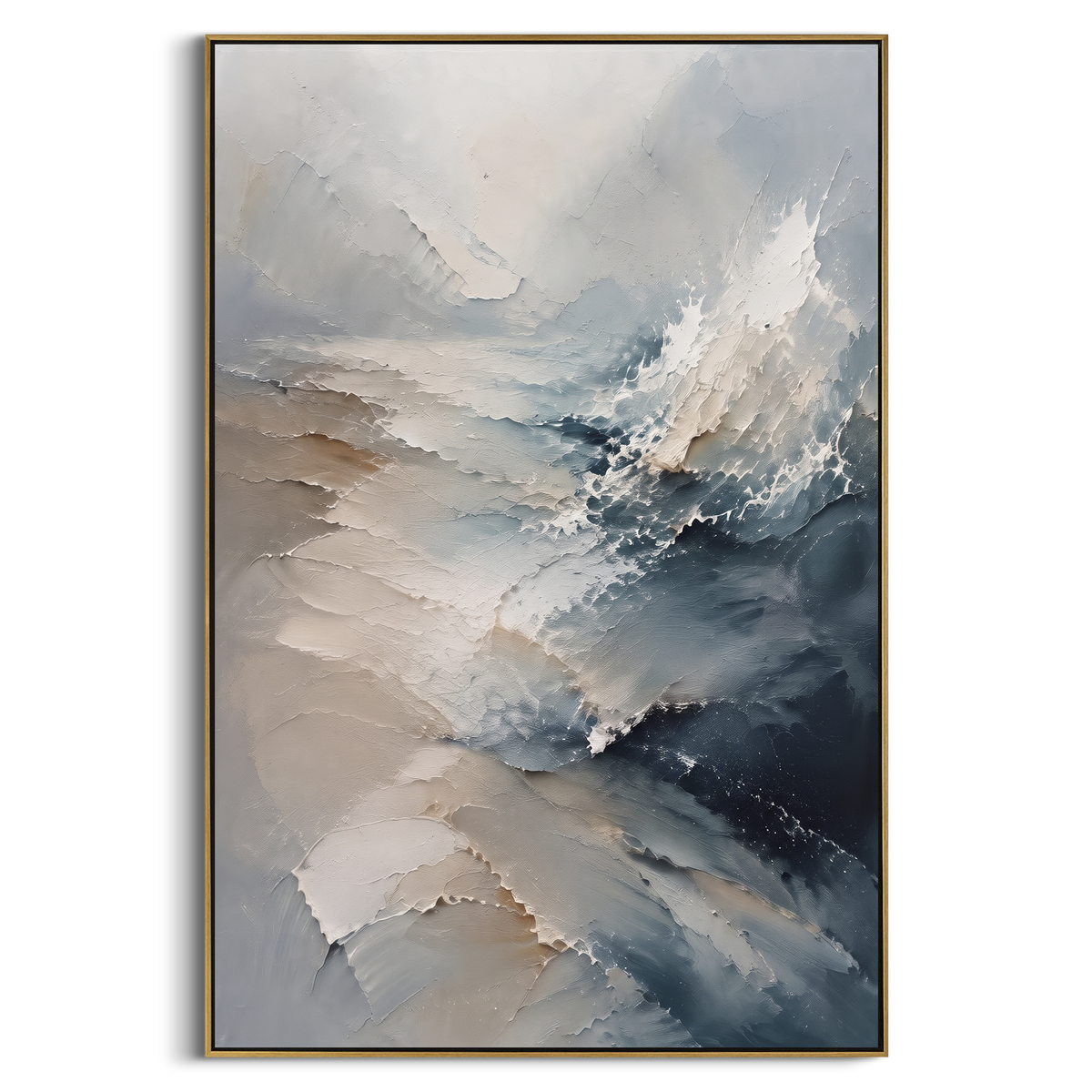Blue Grey Abstract Wave focuses on this hand-painted textured canvas features blue-grey abstract wave forms with white lifted texture, smoky shadows, and layered palette-knife depth. The composition is described from the actual main image, so the visible subject, color balance, spacing, and surface movement stay specific to this product instead of reading like a batch title. Raised palette-knife layers, sculpted impasto ridges, softened brush transitions, and tactile handmade texture give the