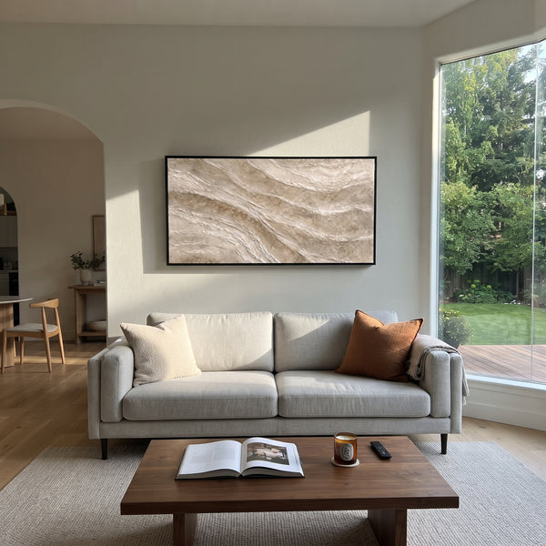 "Beige Striated Texture Relief" - Modern Heavy Impasto Abstract Artwork | Beige & White Palette Knife Painting | Luxury Horizontal Wall Art #PT 1805