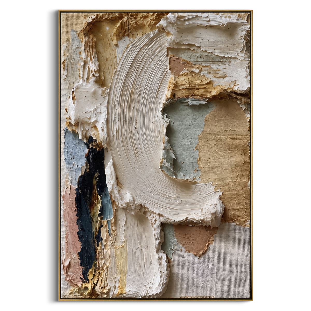 Mixed Media Oval Relief focuses on this hand-painted textured canvas features a bold cream oval sweep surrounded by warm tan, blue-grey, black, and brown textured blocks. The composition is described from the actual main image, so the visible subject, color balance, spacing, and surface movement stay specific to this product instead of reading like a batch title. Raised palette-knife layers, sculpted impasto ridges, softened brush transitions, and tactile handmade texture give the canvas